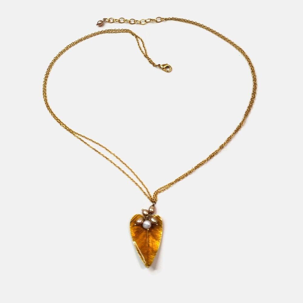 Golden Orange Enamel Leaf Pendant With Freshwater Pearl Accents Gold Tone Neckla